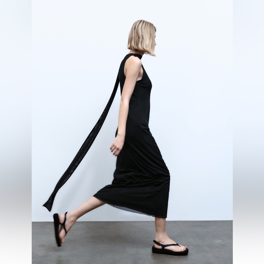 Zara TIED TULLE MIDI DRESS. Dark Anthracite. Sizes S, M. New with Tags.